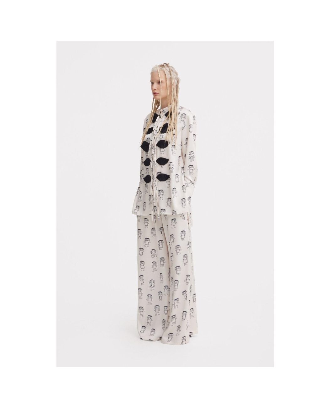 Julia Allert Gray Neutrals Art Print Wide-Leg Palazzo Trousers – Ivory