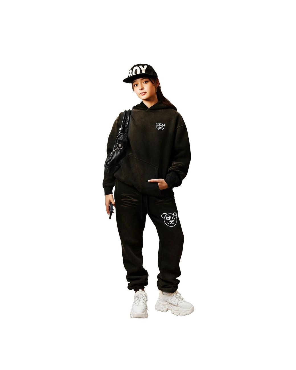 X Ilona Blue Blue Universal Fit Graffiti Teddy Bear Cotton Espresso Vintage Wash Hoodie for men