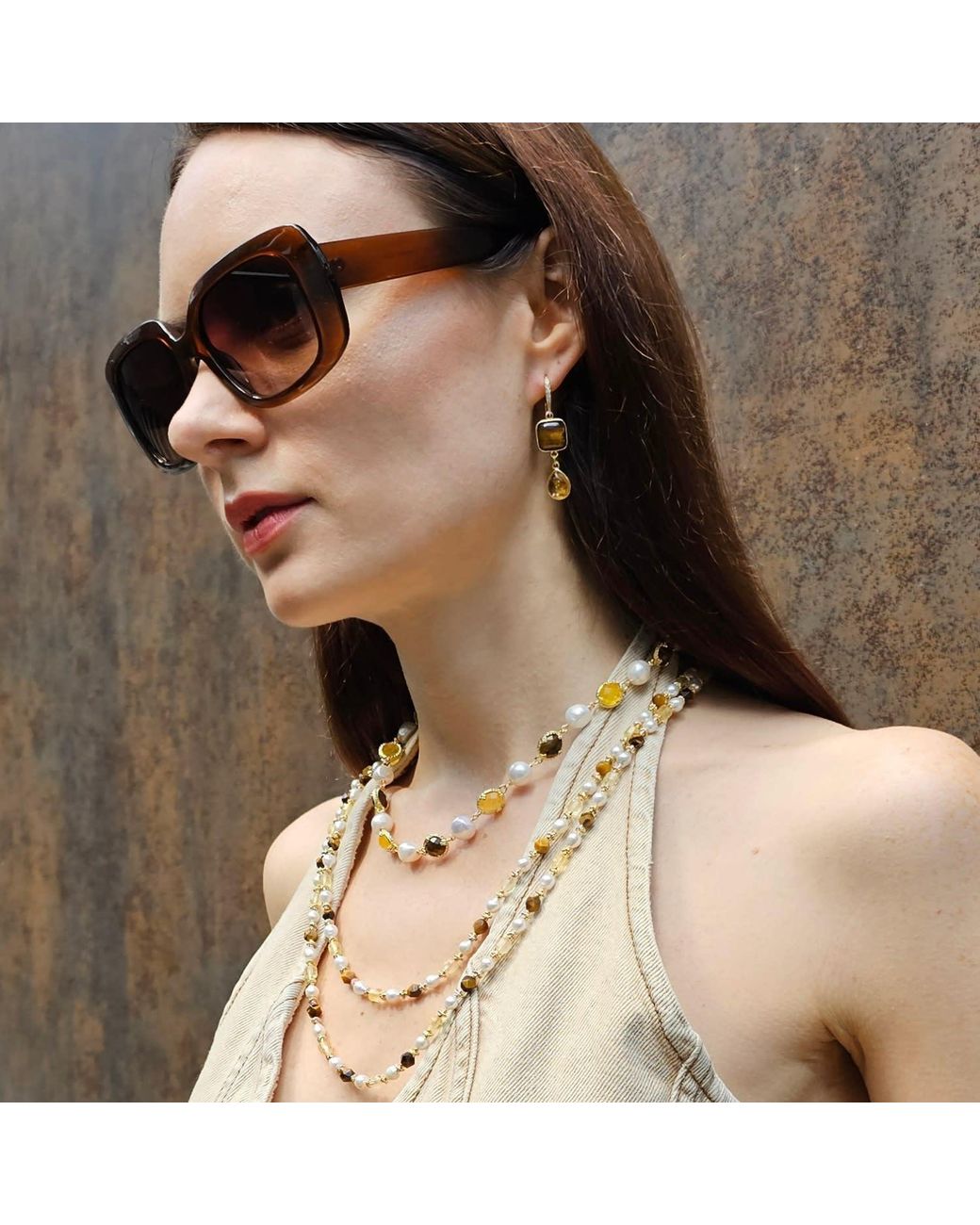Farra Metallic Tiger Eye With Citrine Dangle Comfort Earrings