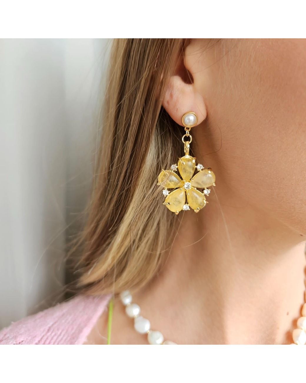 Farra Metallic Citrine Flower Dangle Statement Earrings