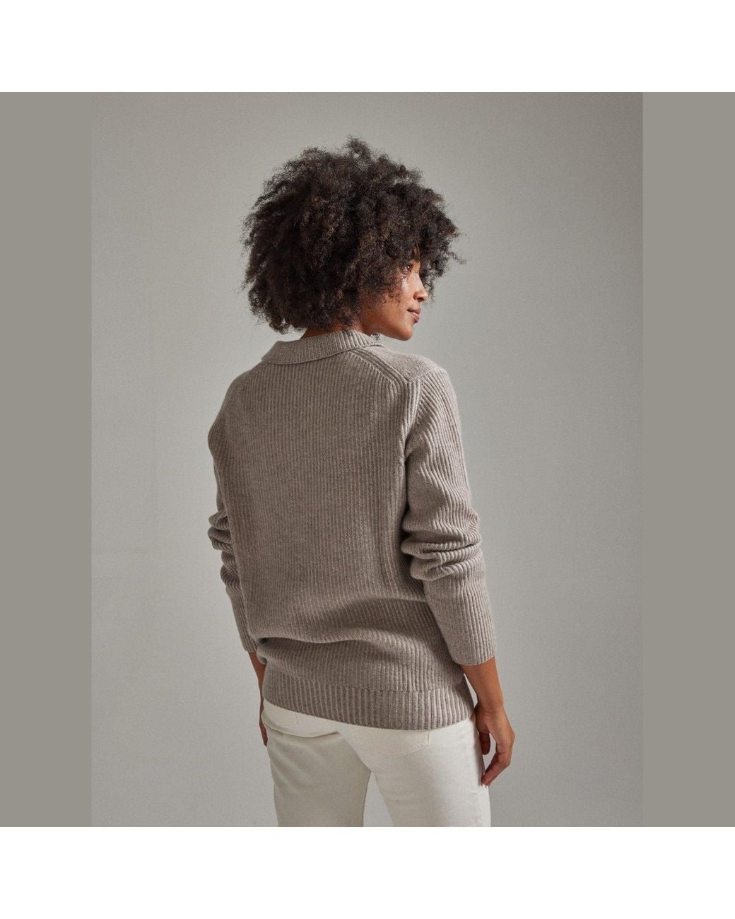 Salts Cashmere Gray Neutrals Polo Sweater With Fishermens Rib Detailing