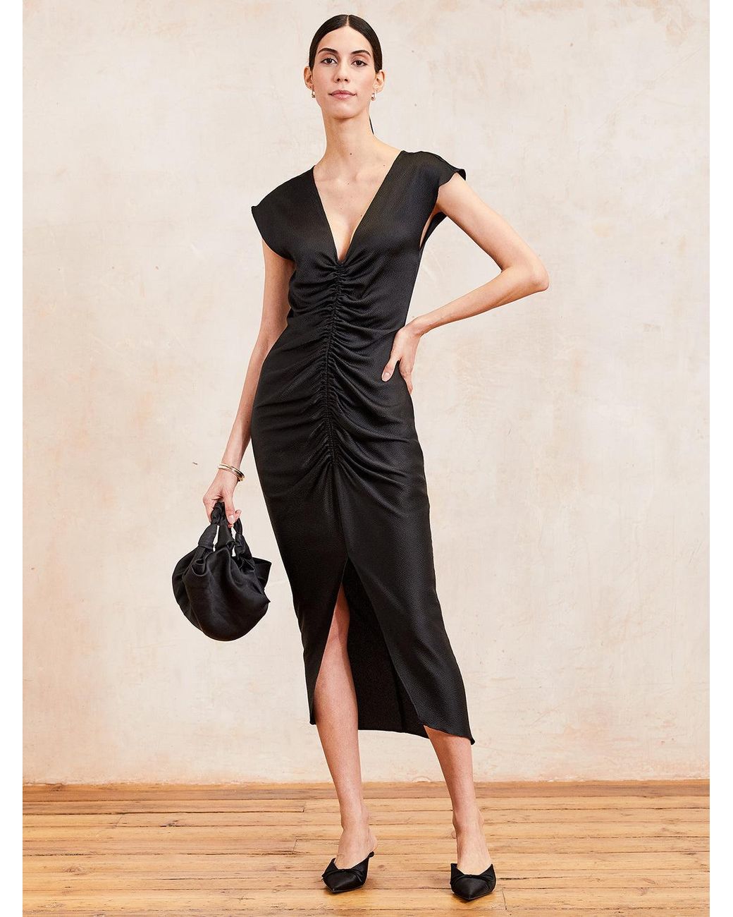 The Summer Edit Black Rudi Hammered Silk Ruched Dress