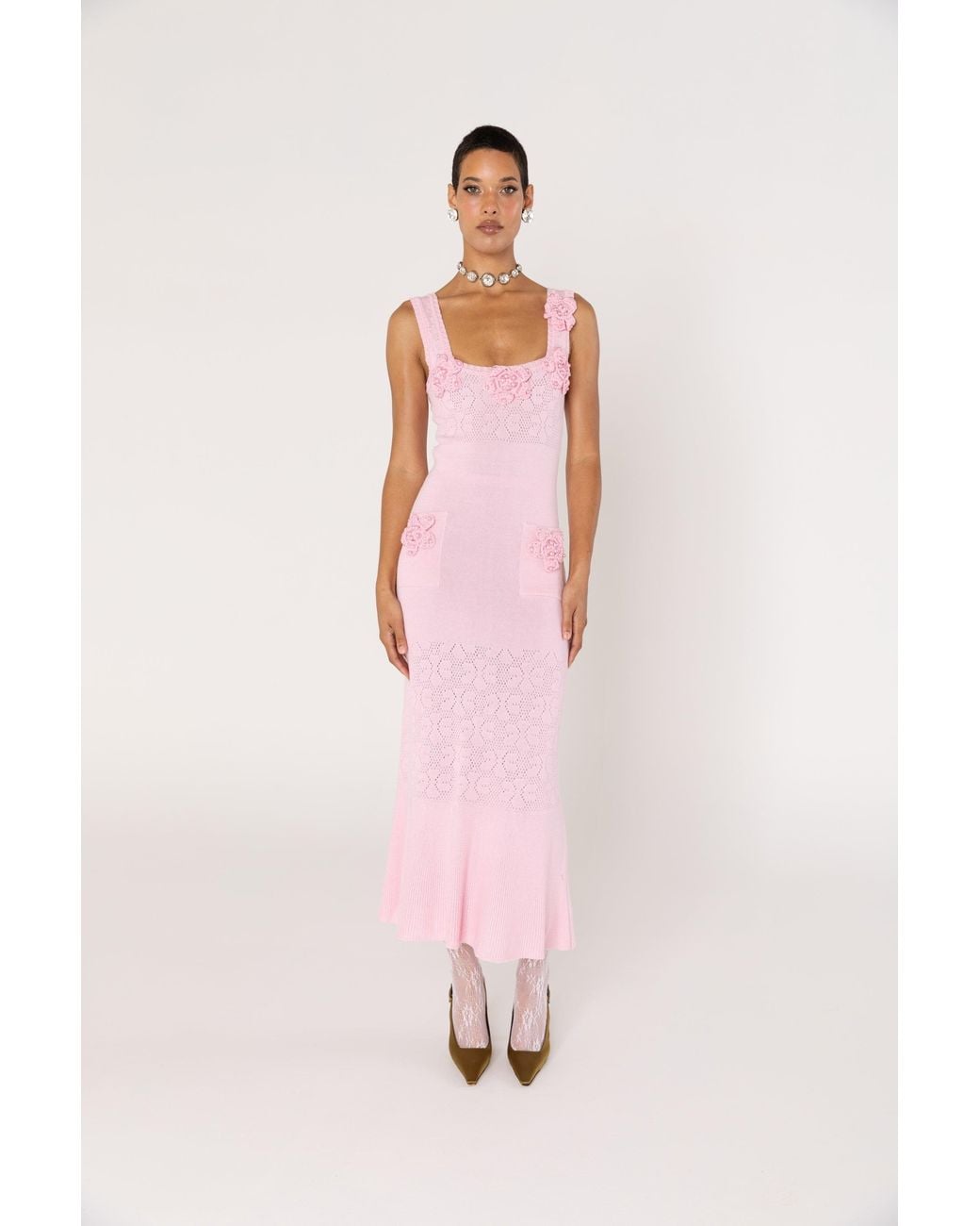 Andreeva Pink Rose Vanilla Knit Dress With Handmade Knit Details