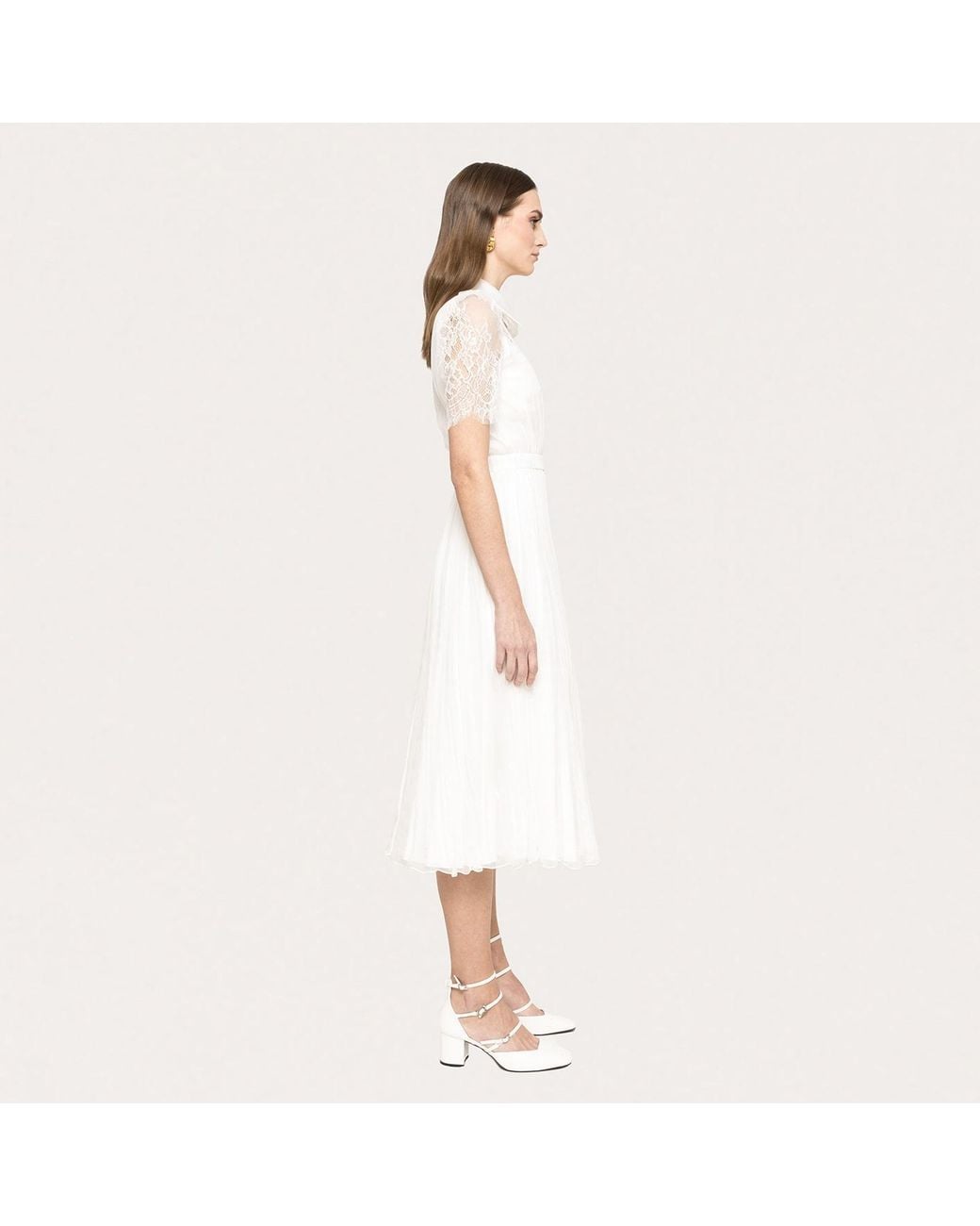 Nissa White Lace-Detail Silk Midi Dress