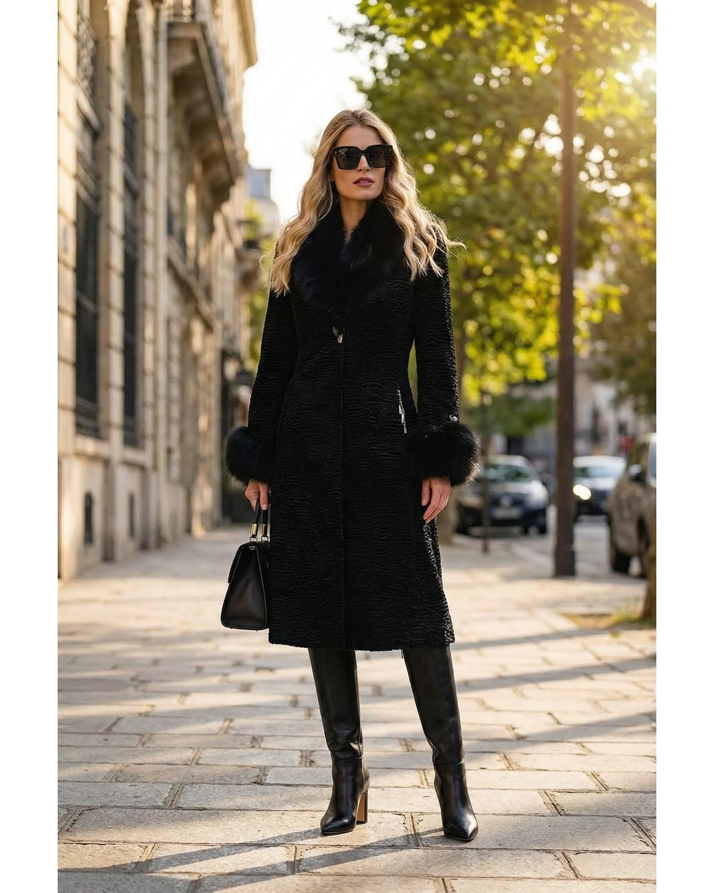 Luna Fashion House Black Textured Coat With Faux Fur Collar & Cuffs, Paula