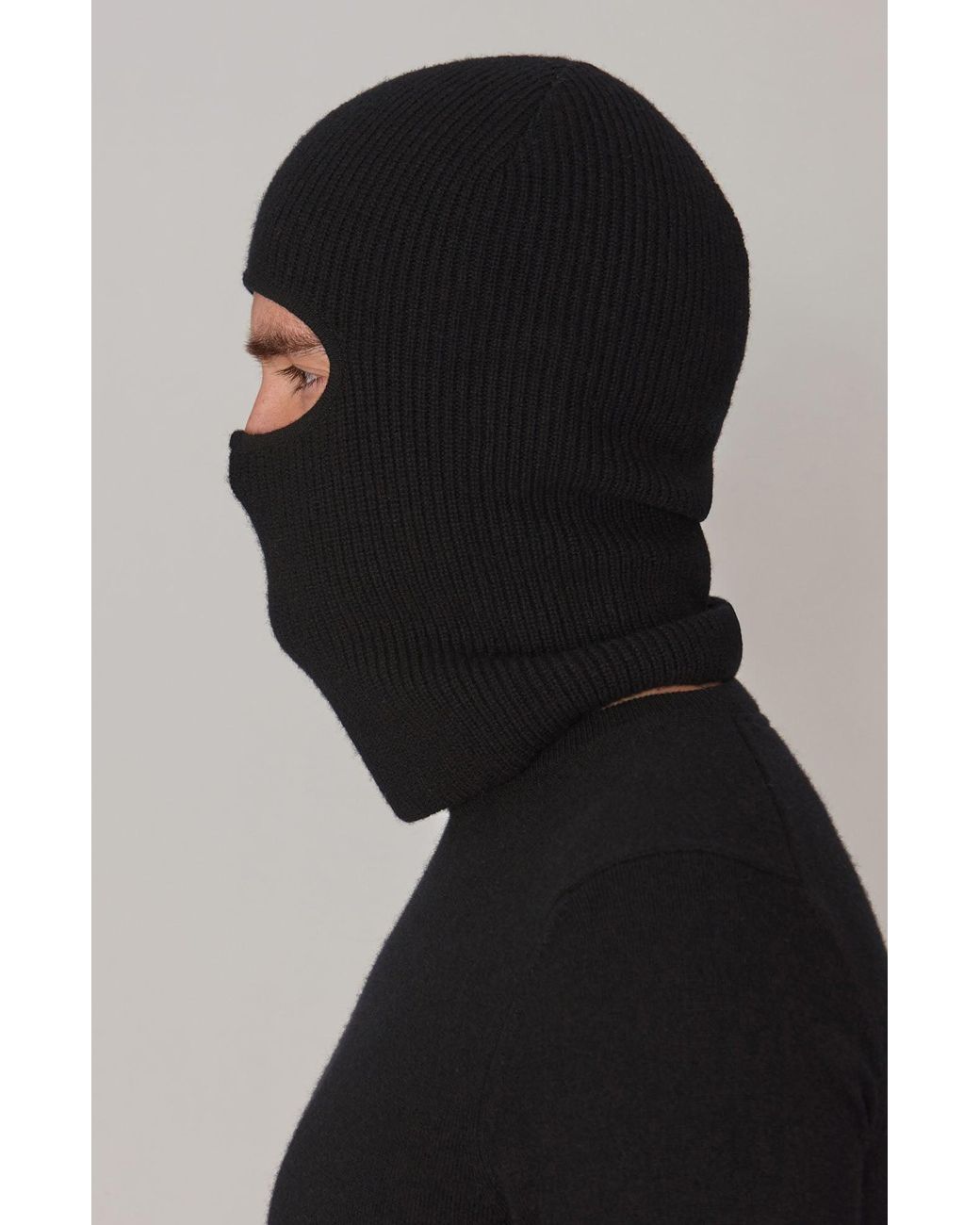Paul James Knitwear Black Merino Cashmere Aurelius Fisherman Rib Balaclava