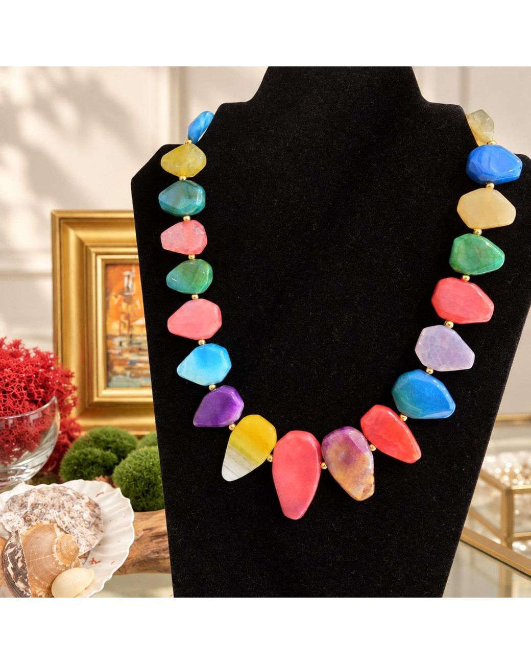 Way to Chic Red Multicolour Agate Statement Necklace With-Plated Accents