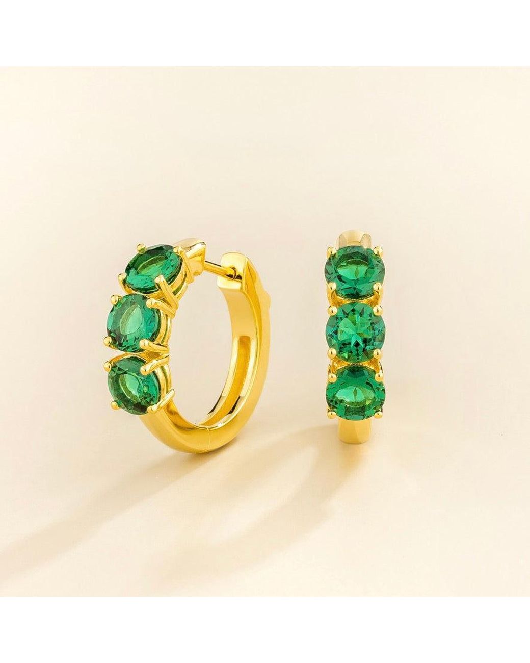 Juvetti Green Tres Emerald Three-Stone Huggie Hoop Earrings