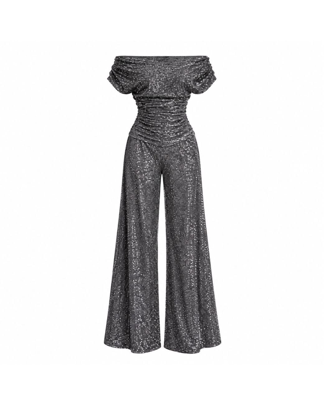 Atom Label Gray Carbon Sequin Bardot Wide Leg Jumpsuit