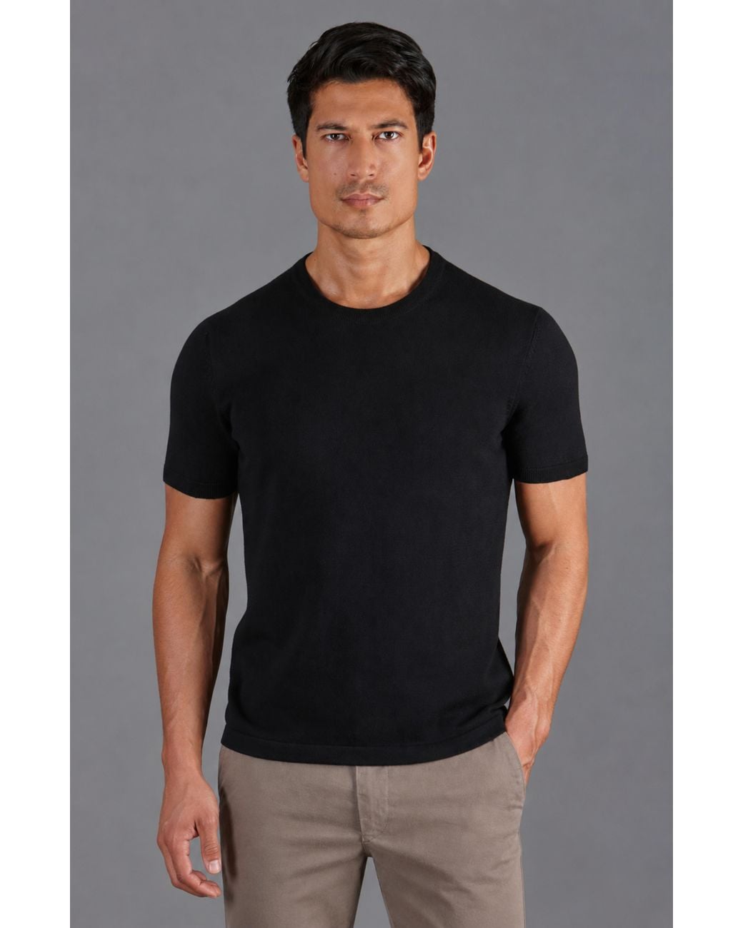 Paul James Knitwear Black Midweight Julius Cotton Knitted T-Shirt for men