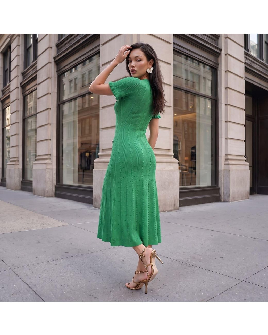 Modenaire Green Textured Knit Midi Dress Refined Button Front