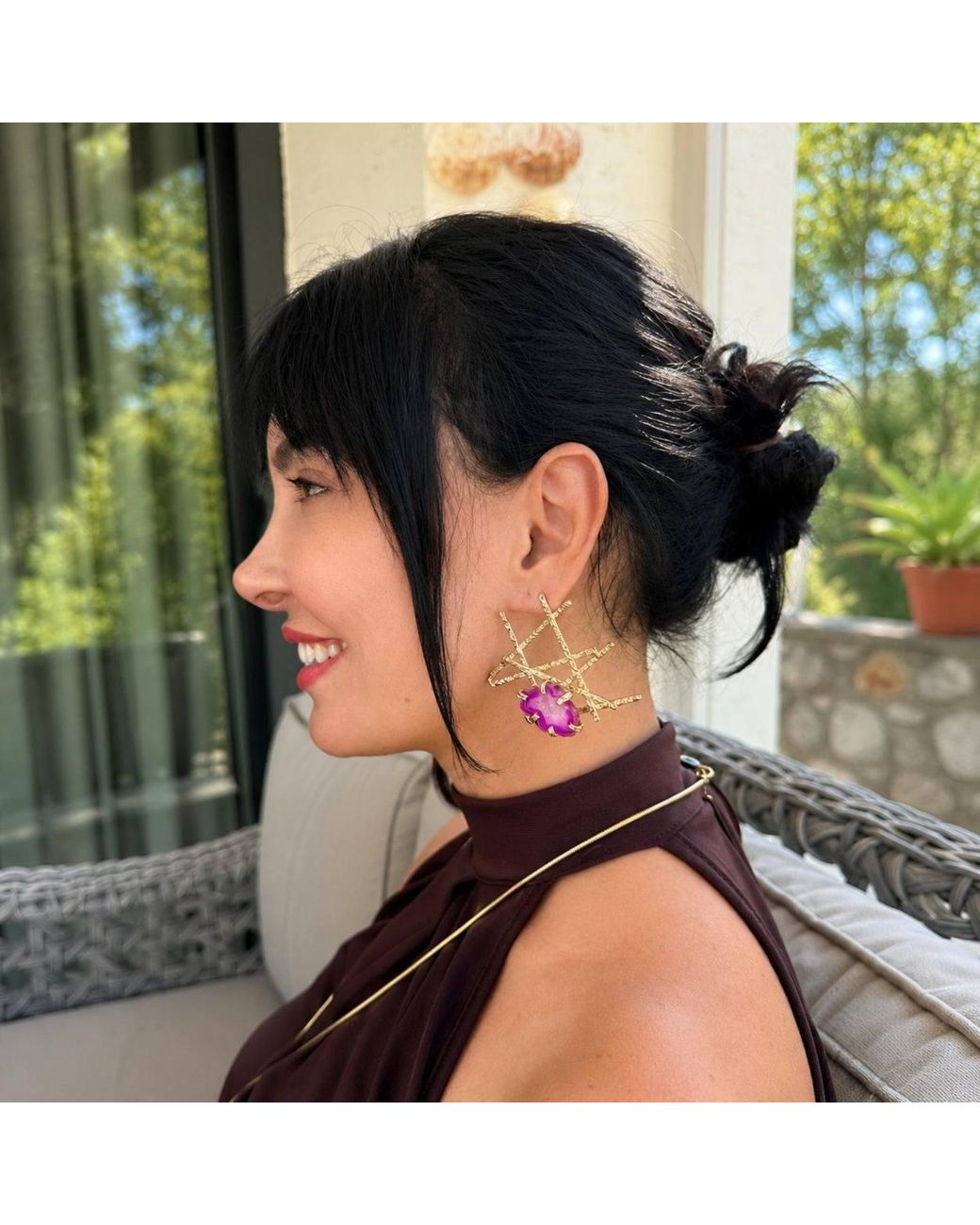 By Ozge Multicolor Sacred Lines Natural Agate Plated Statement Earrings