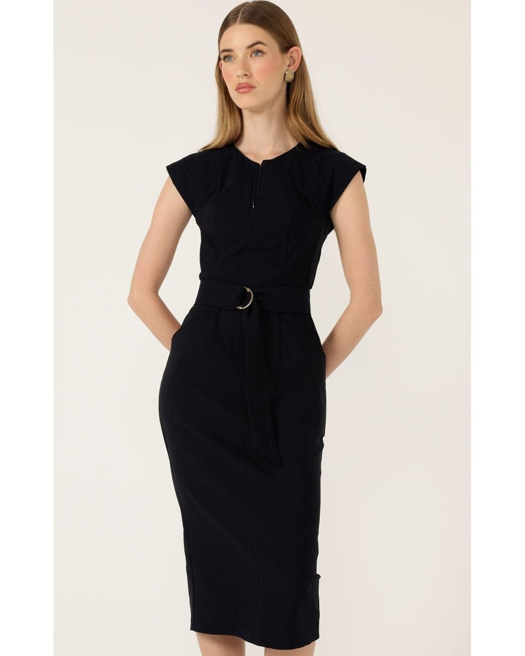 SACHA DRAKE Black Zip Front Stretch Fitted Midi Dress