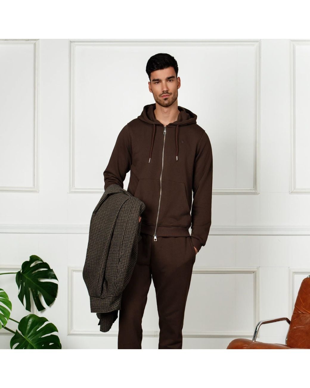 Maison Tangerine Brown Tobacco Premium Cotton Zip-Up Hoodie & Joggers Tracksuit Set For