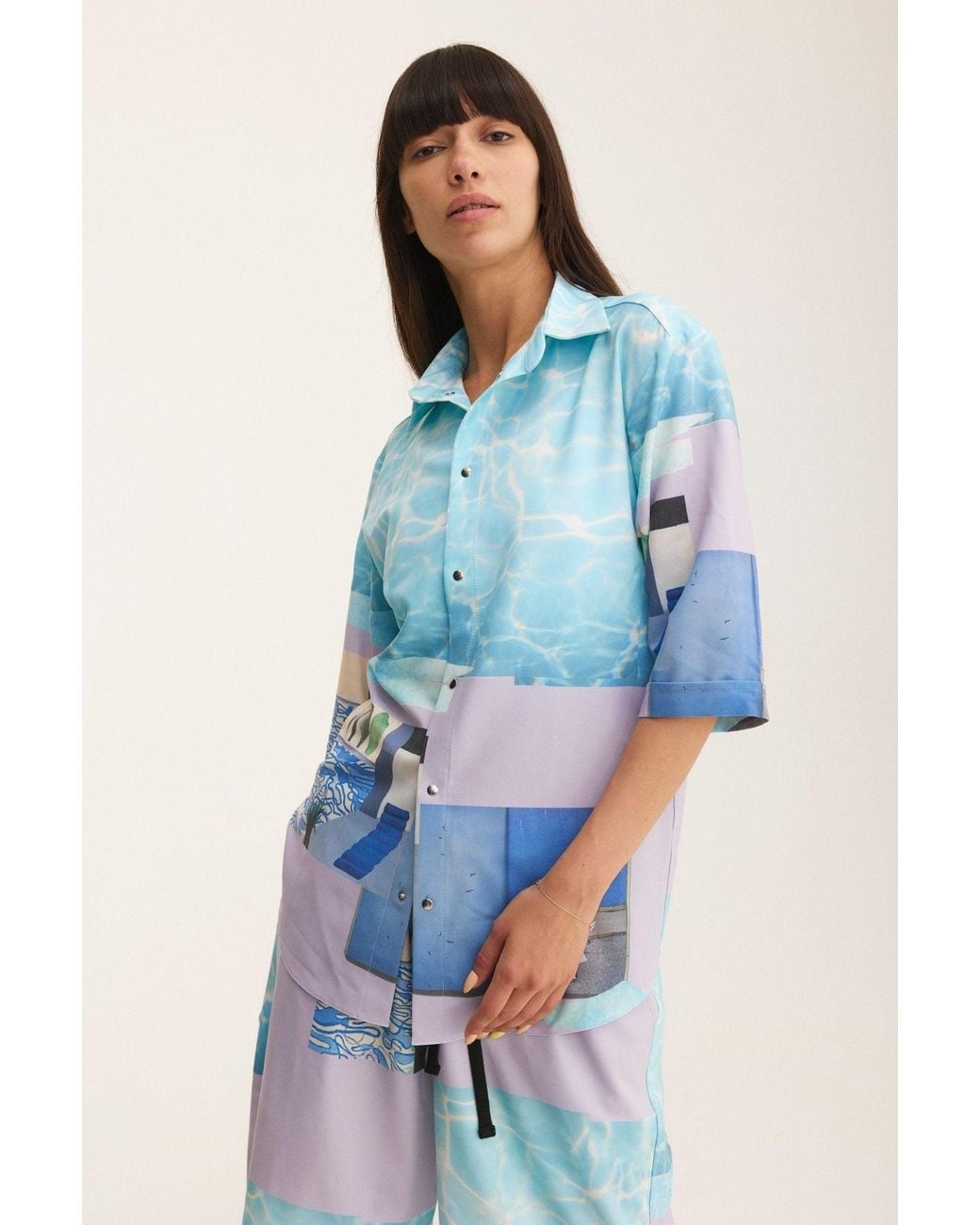 mysimplicated Blue Short Sleeve Shirt And Bermuda Set With Water Design