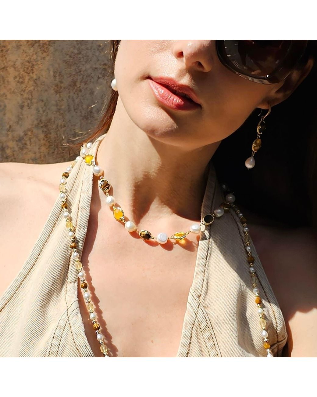 Farra Metallic Irregular Freshwater Pearls With Quartz And Tiger-Eye Stone Necklace