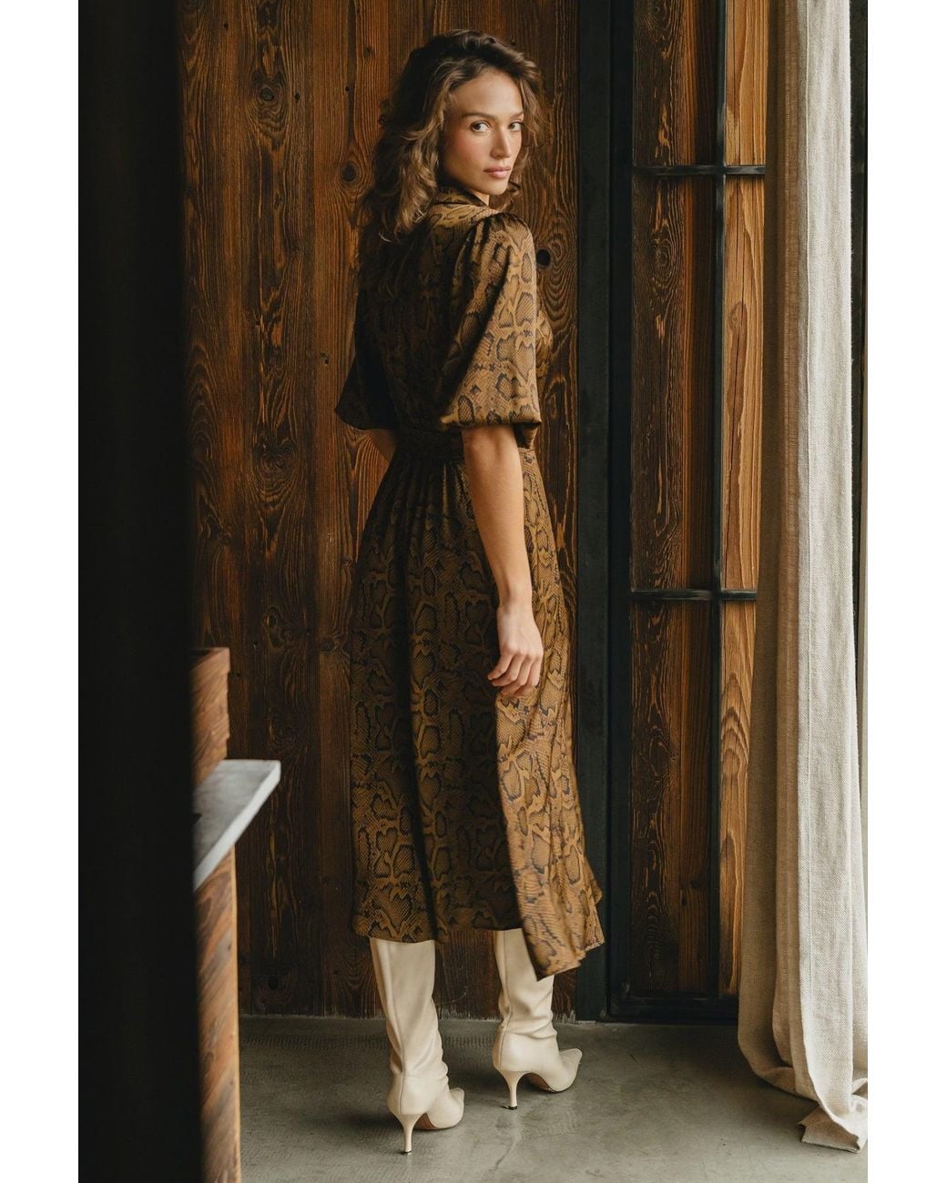 Traffic People Brown The Reimagined And Snakeskin Print Frida Midi Dress