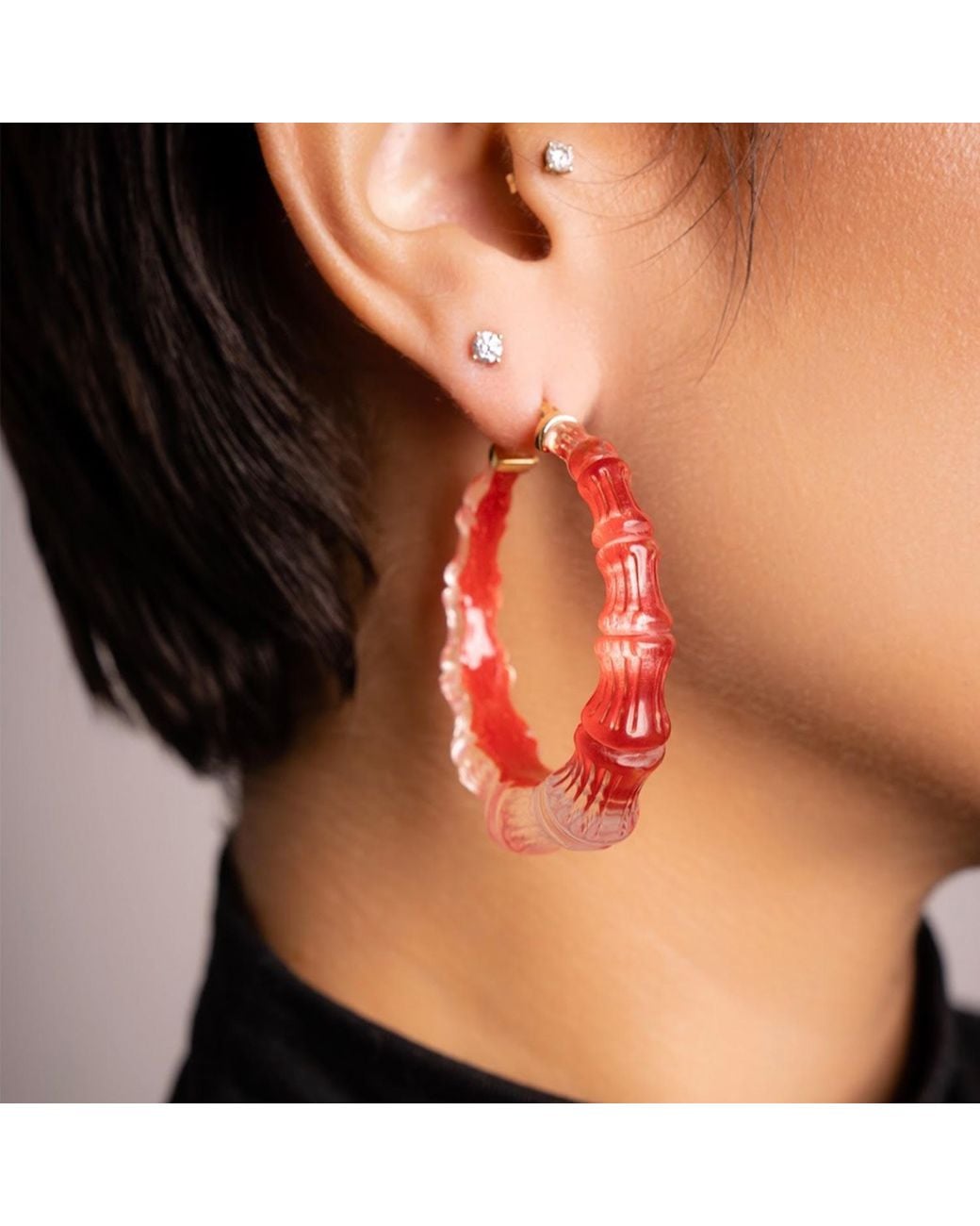 Gold & Honey Red Bamboo Illusion Hoop Earrings
