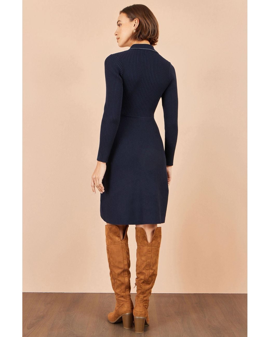 Yumi' Blue Rib Knit Skater Shirt Dress