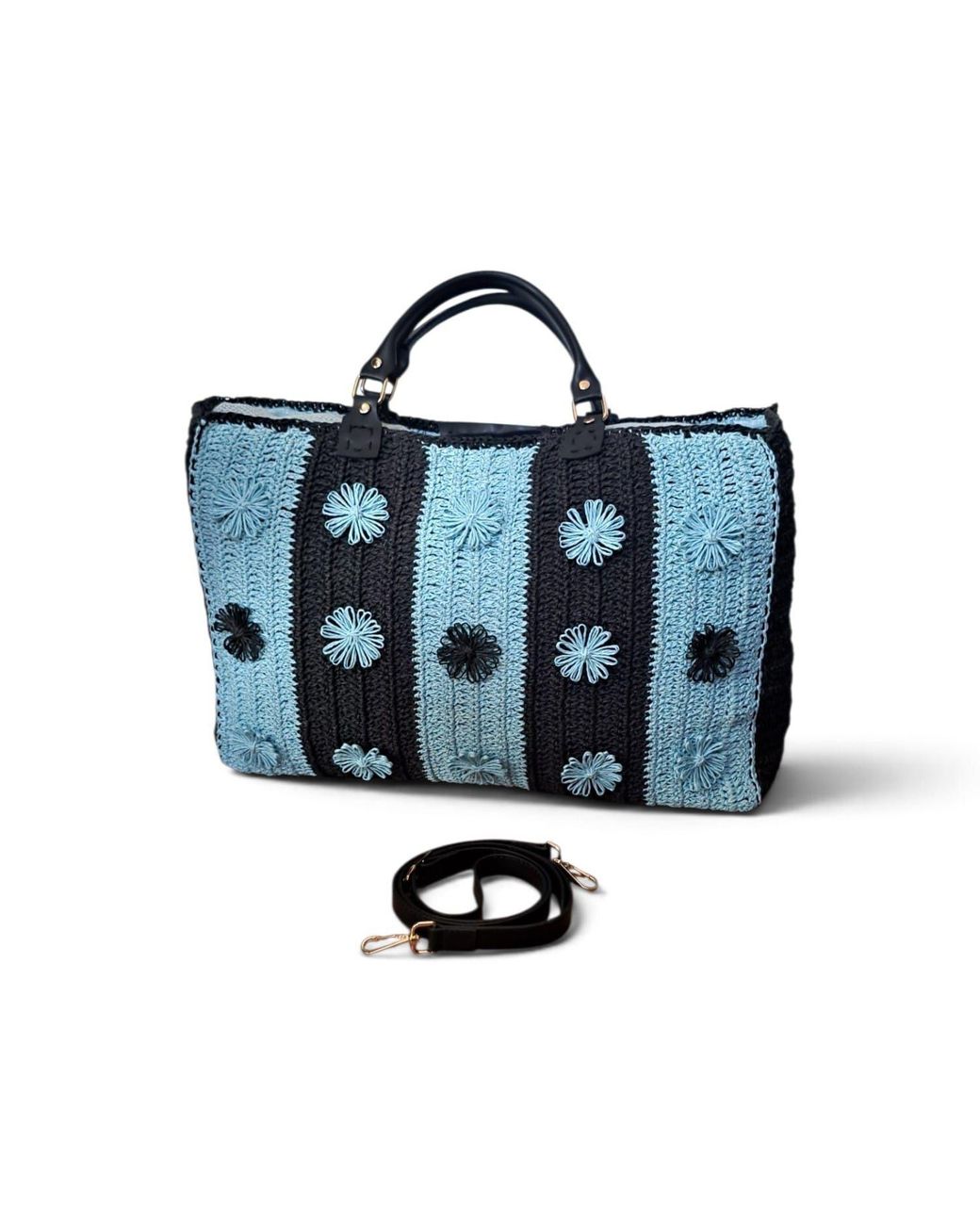 Springmoonatelier Blue Handcrafted & Raffia Bloom Tote