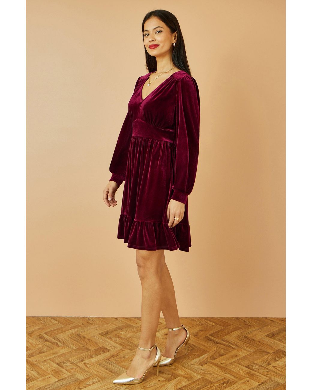 Yumi' Red Burgundy Velvet Long Sleeve Skater Dress