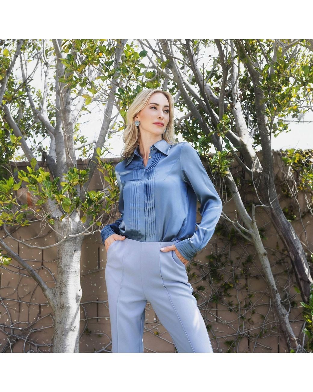 Solgo Atelier Blue Solgo Pleated Silk Charmeuse Shirt