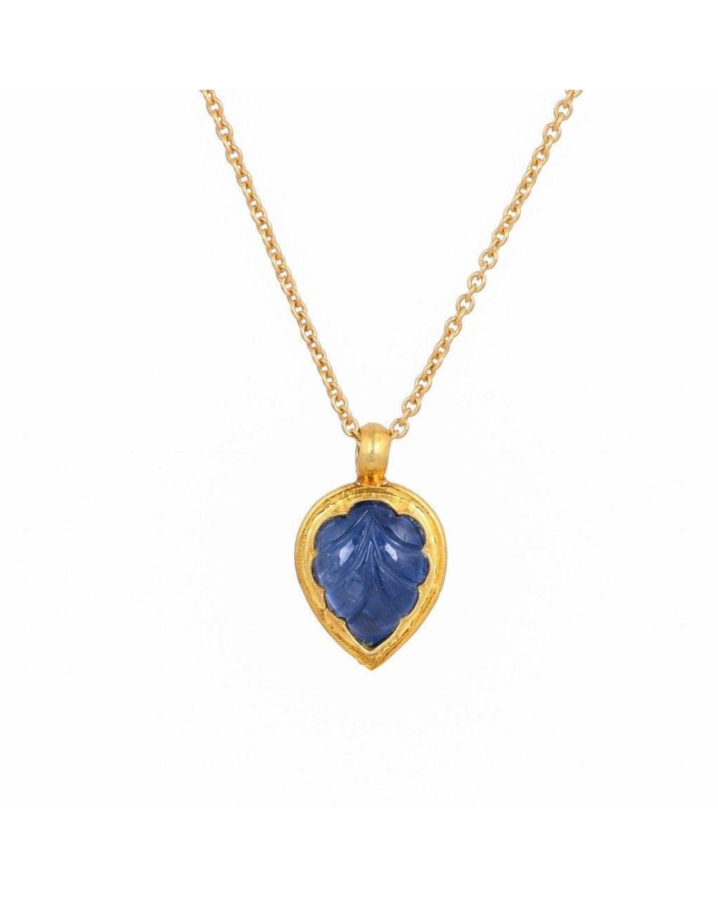 Opium Jewels Metallic Hand Carved Eighteen Carat Sapphire Pendant On Eighteen Carat Fine Chain