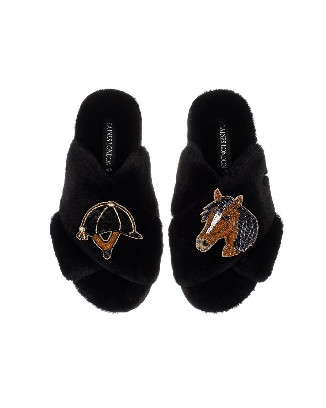 Laines London Black Faux Fur Embellished Riding Slipper