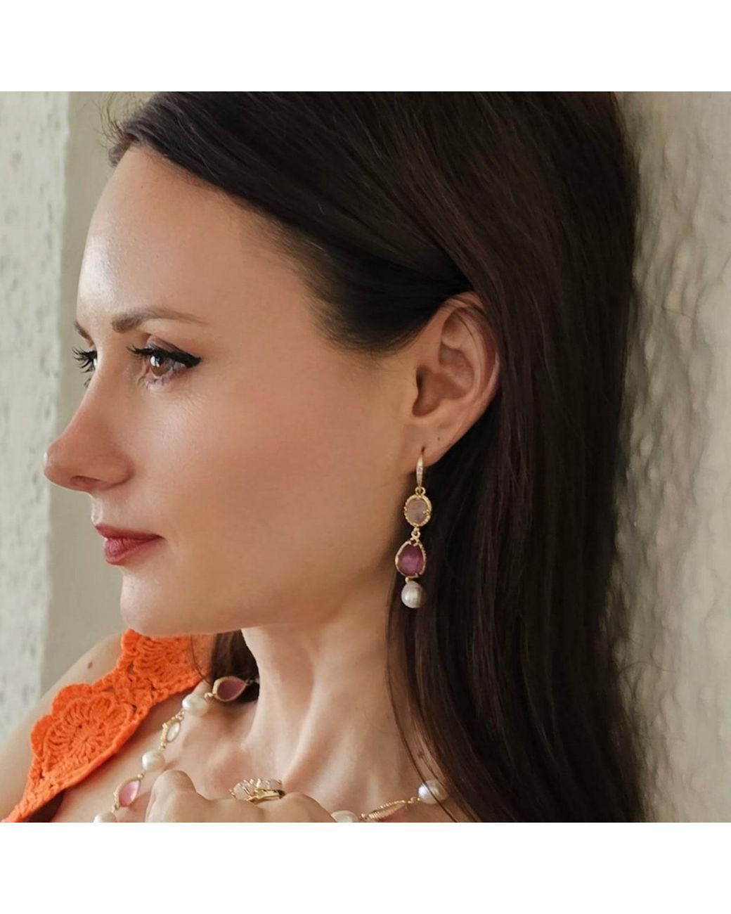 Farra Pink Rose Quartz With Pearls Feminine Dangle Earrings