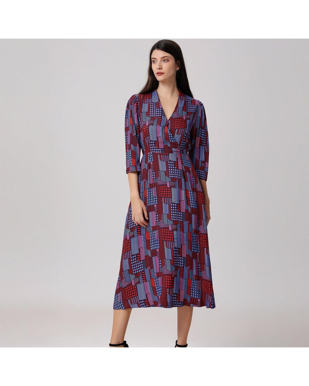 Smart and Joy Purple Geometric Print Viscose Wrap Midi Dress