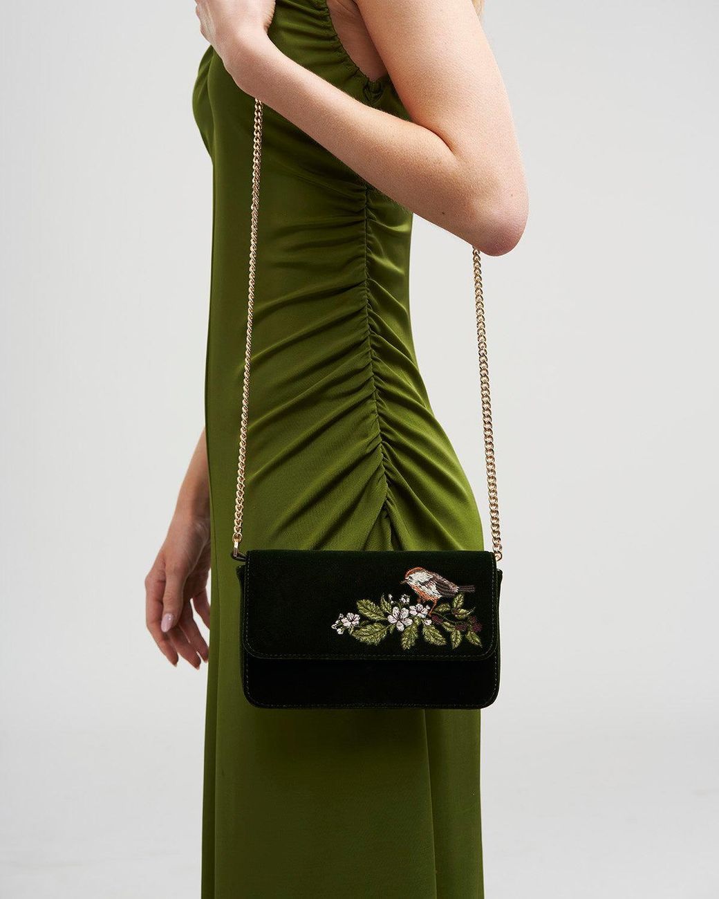 Fable England Green Sophia Wren Embroidered Occasion Bag