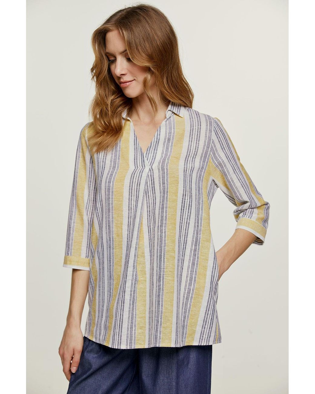 Conquista Blue Striped Linen Style Top With Pockets