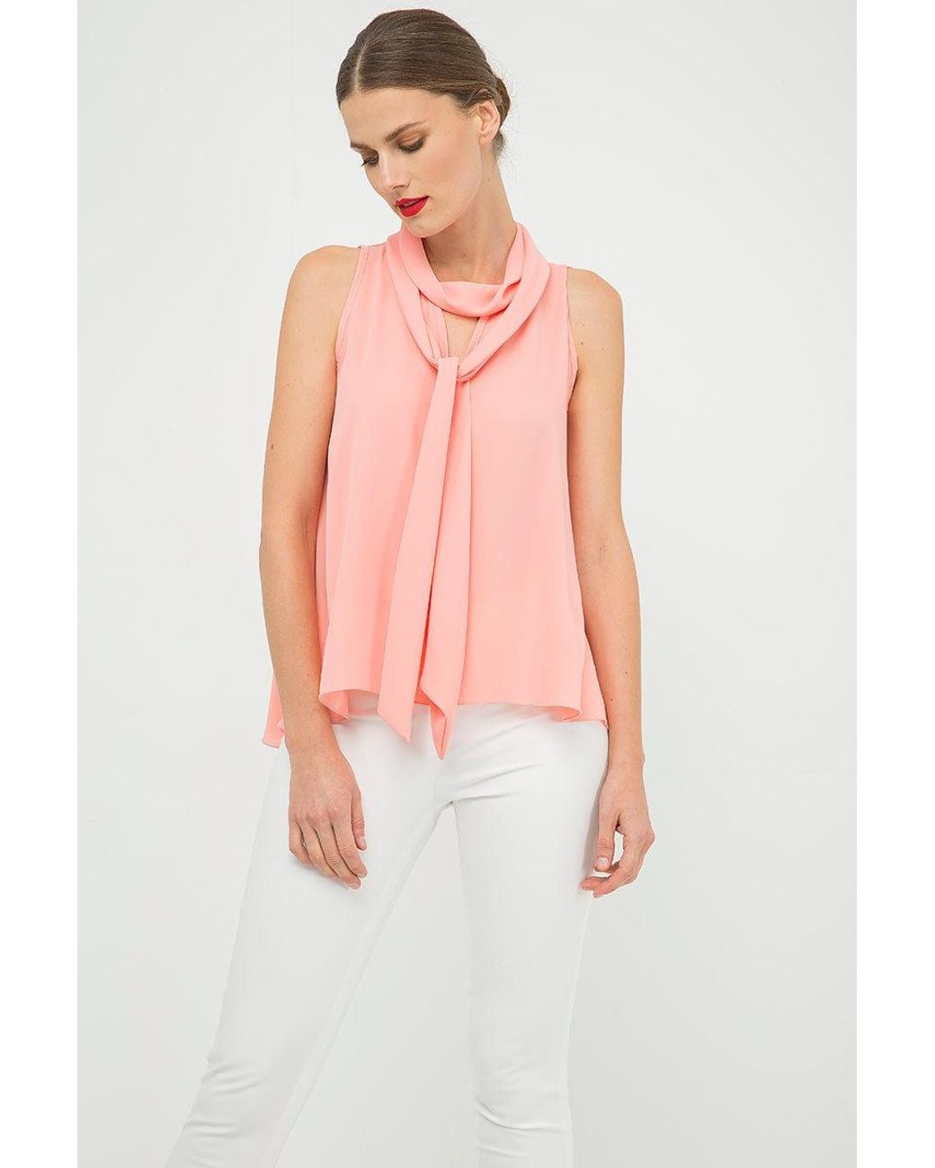 Conquista Pink Peach Sleeveless Top With Tie Neck