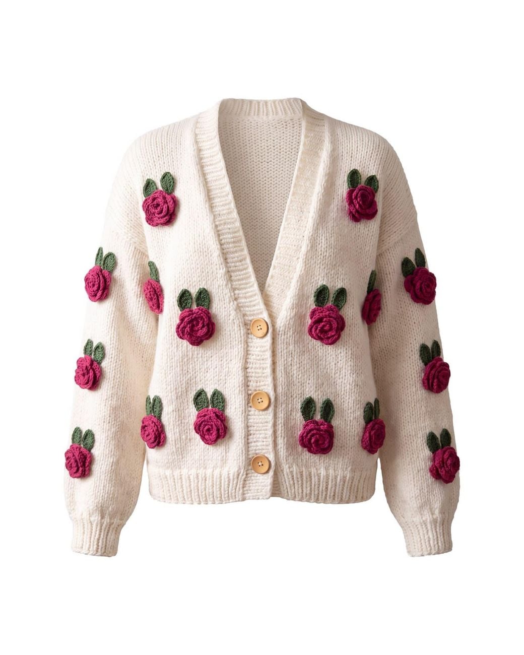 Ana Chic Pink Neutrals Rose Motif Handmade Knitted Cardigan