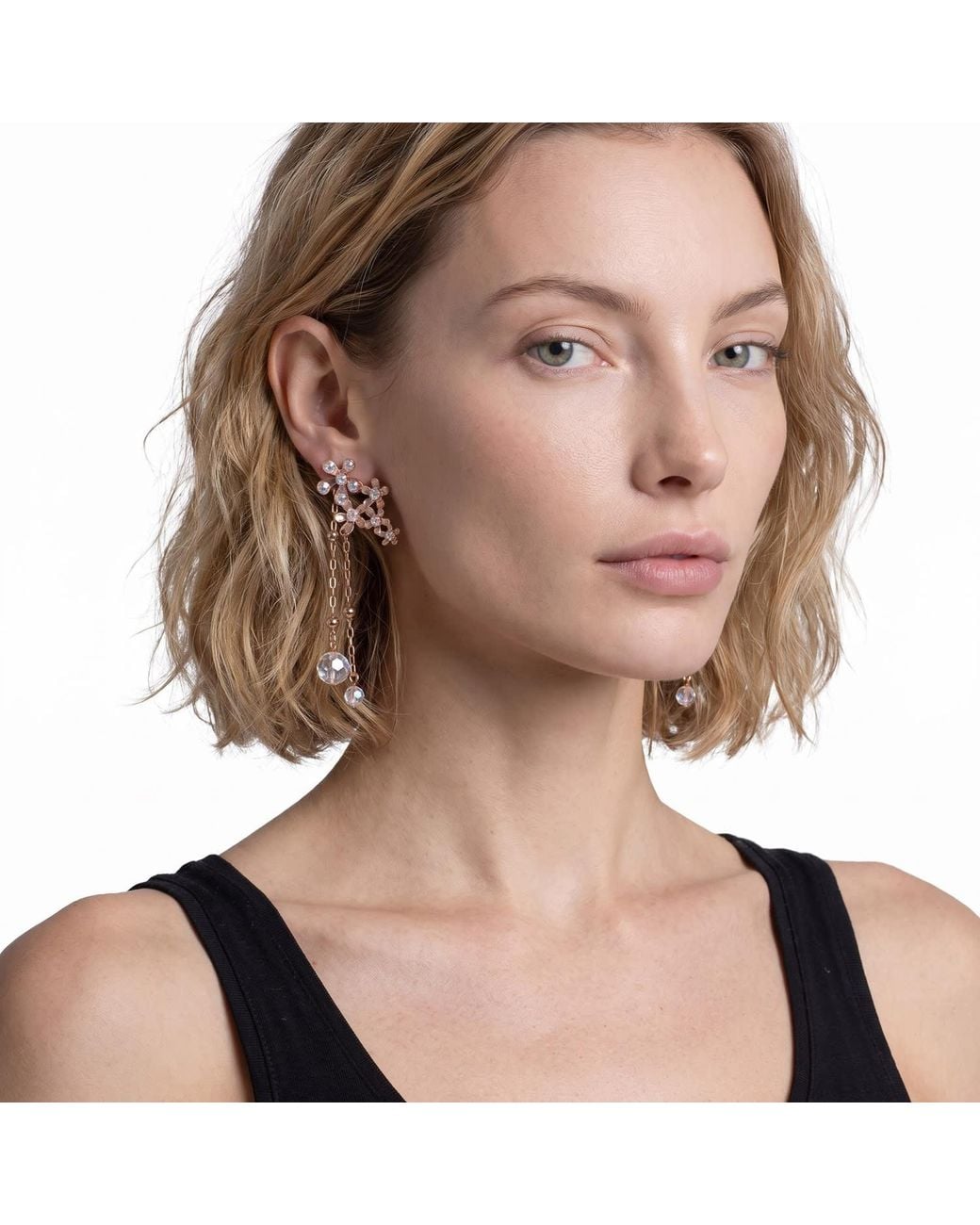 Modenaire Pink Crystal Flower Drop Earrings With Dangle Chains