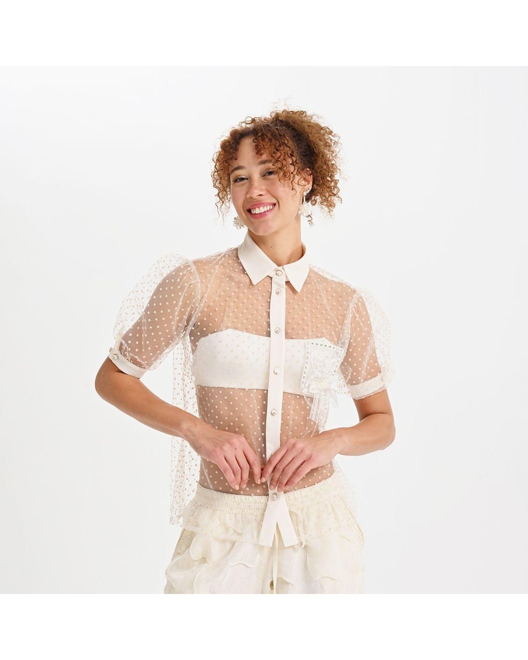 Lalipop Design Pink Neutrals Sheer Polka Dot Shirt With Floral Appliqué
