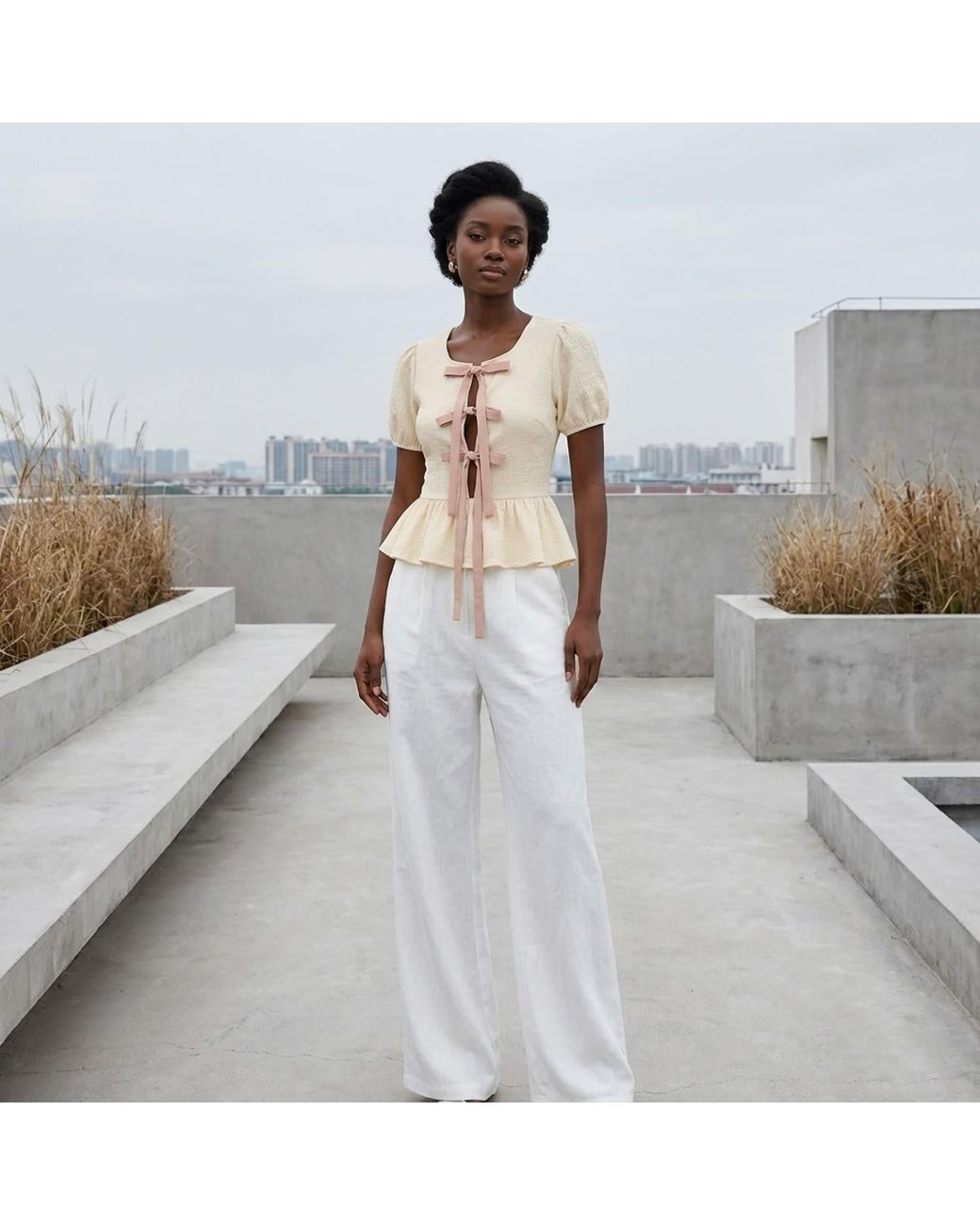 Modenaire Natural Neutrals Peplum Blouse Sculpted Sleeve Bow Detail
