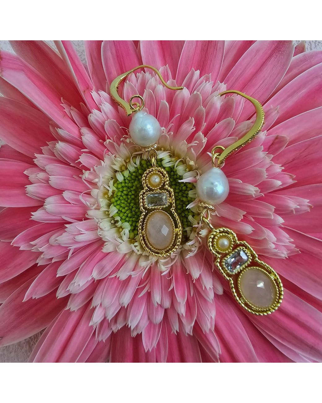 Farra Metallic Bohemian Rose Quartz & Freshwater Pearl Drop Earrings