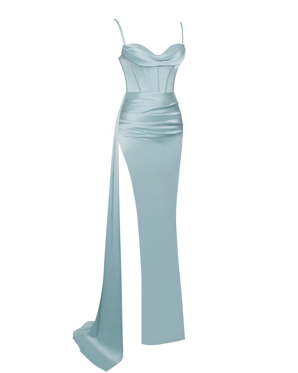 Miss Circle New York Blue Elayna Pale Strappy Satin Corset High Slit Gown
