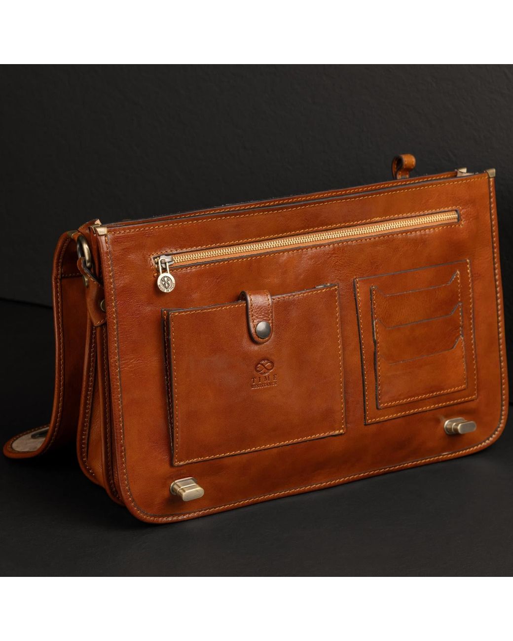 Time Resistance Brown Leather Briefcase Laptop Bag for men