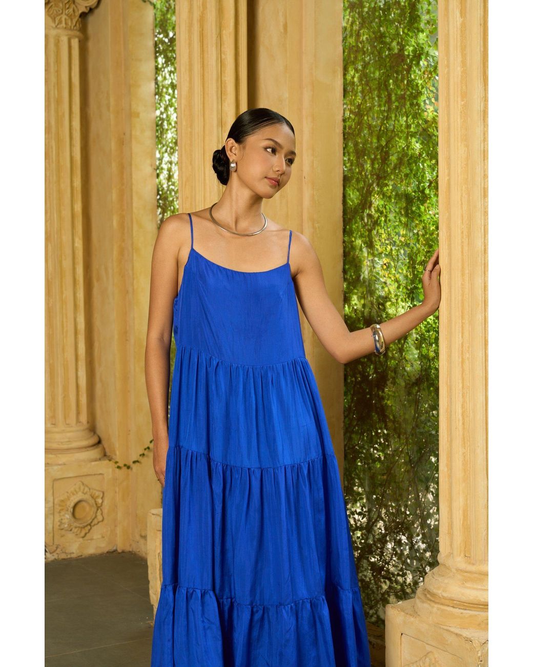 Silk and Bears Blue Valentina Royal 100% Silk Tiered Maxi Dress — Habotai Silk