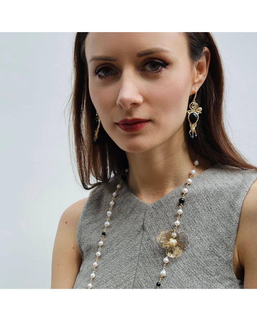 Farra White Freshwater Pearls And Obsidian With Flower Charm Long Necklace