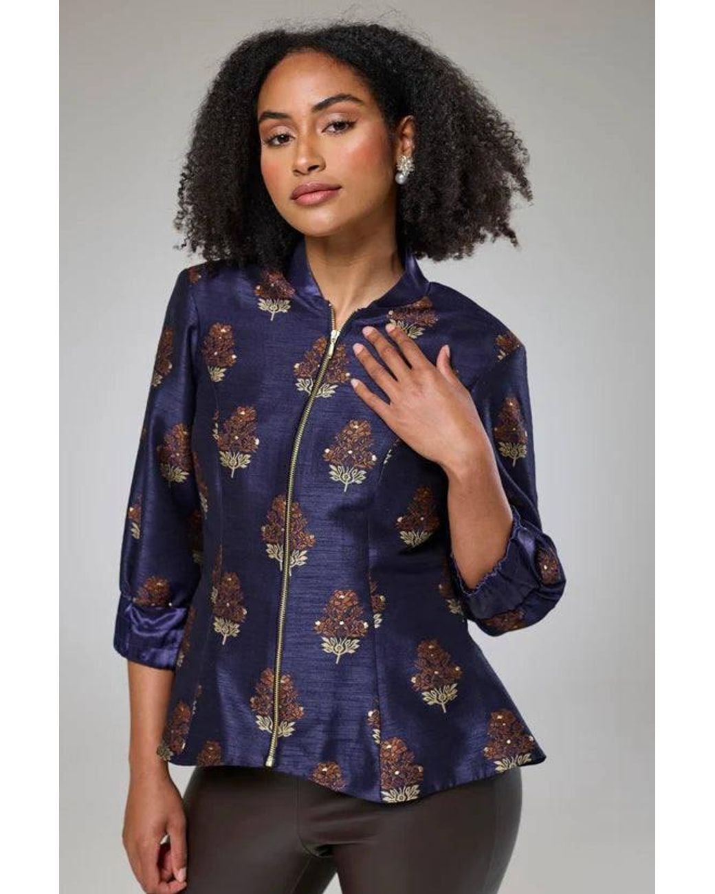 Lioness by Tf Blue Auburn Embroidered Raw Silk Fitted Jacket Blouse