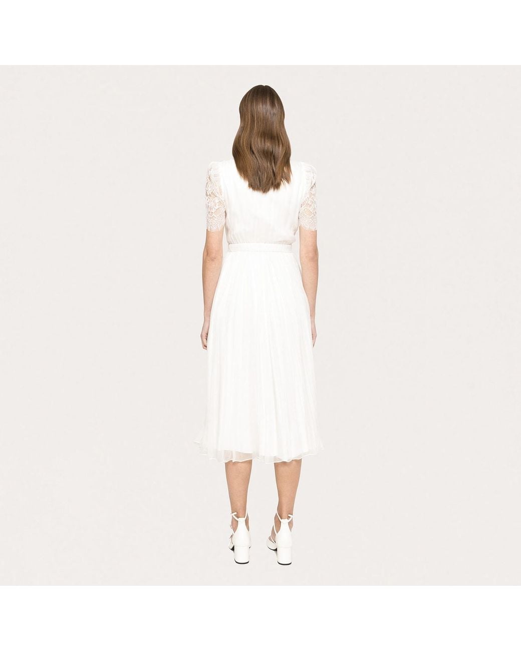 Nissa White Lace-Detail Silk Midi Dress