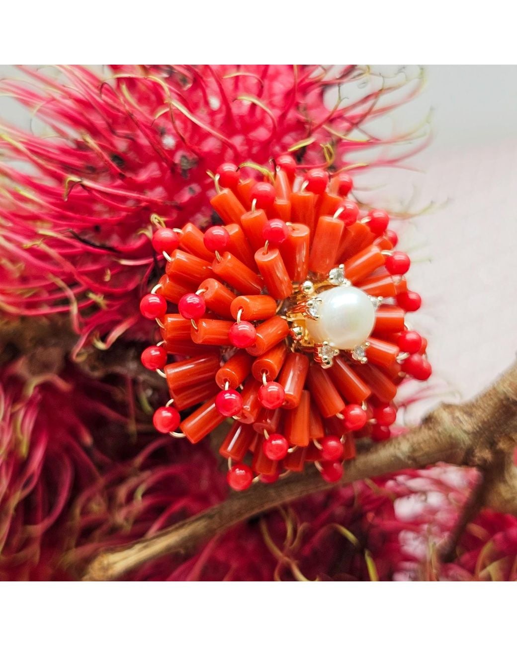 Farra Red Flower Handcrafted Bamboo Coral Brooch