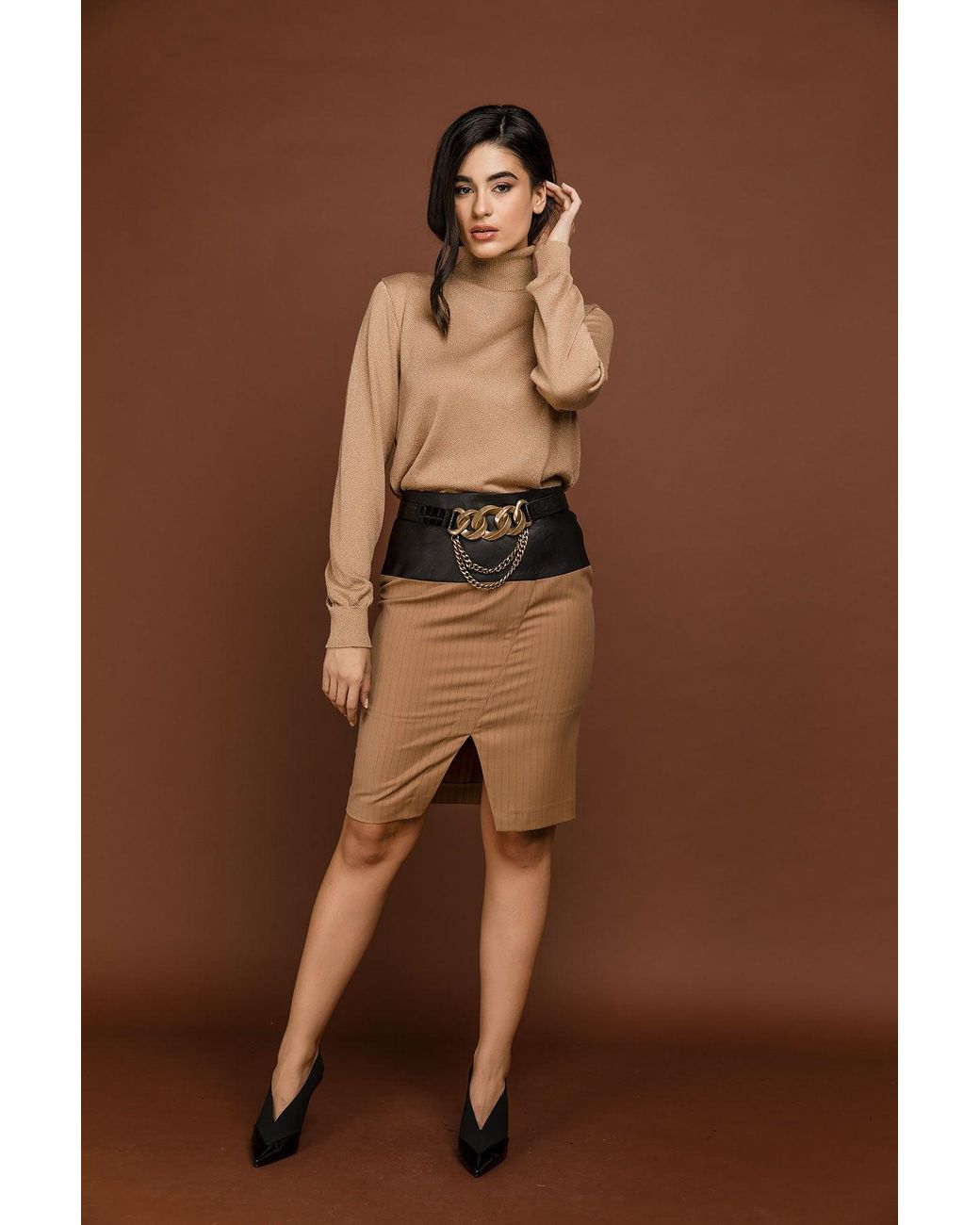 Conquista Brown Camel Striped Pencil Skirt By Si Fashion