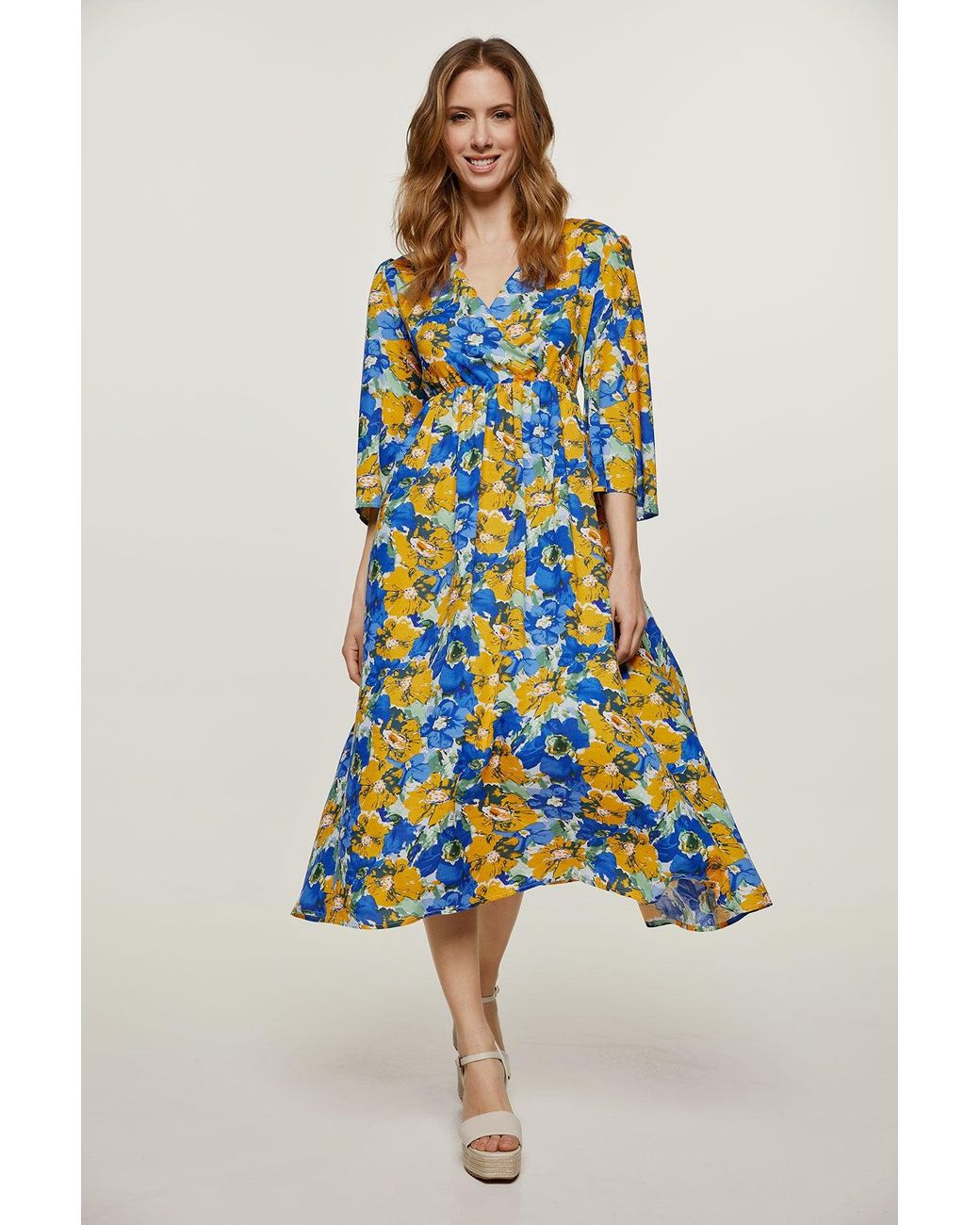 Conquista Blue Floral Empire Line Midi Dress