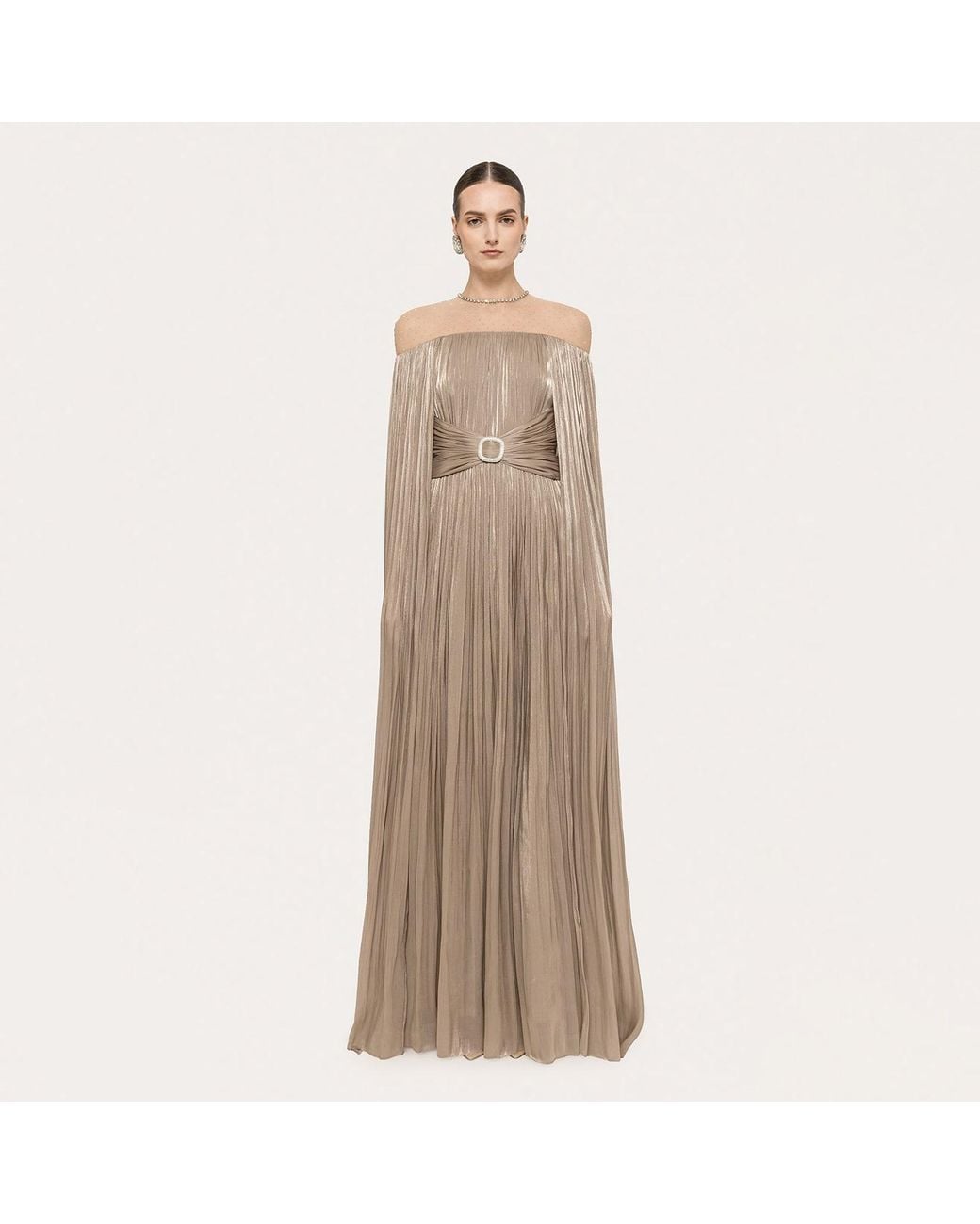 Nissa Natural Cape-Design Chiffon Maxi Dress