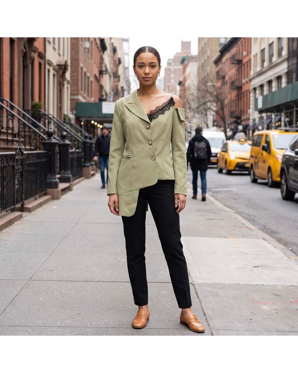 Modenaire Green Neutrals Asymmetric One Shoulder Tailored Blazer Jacket