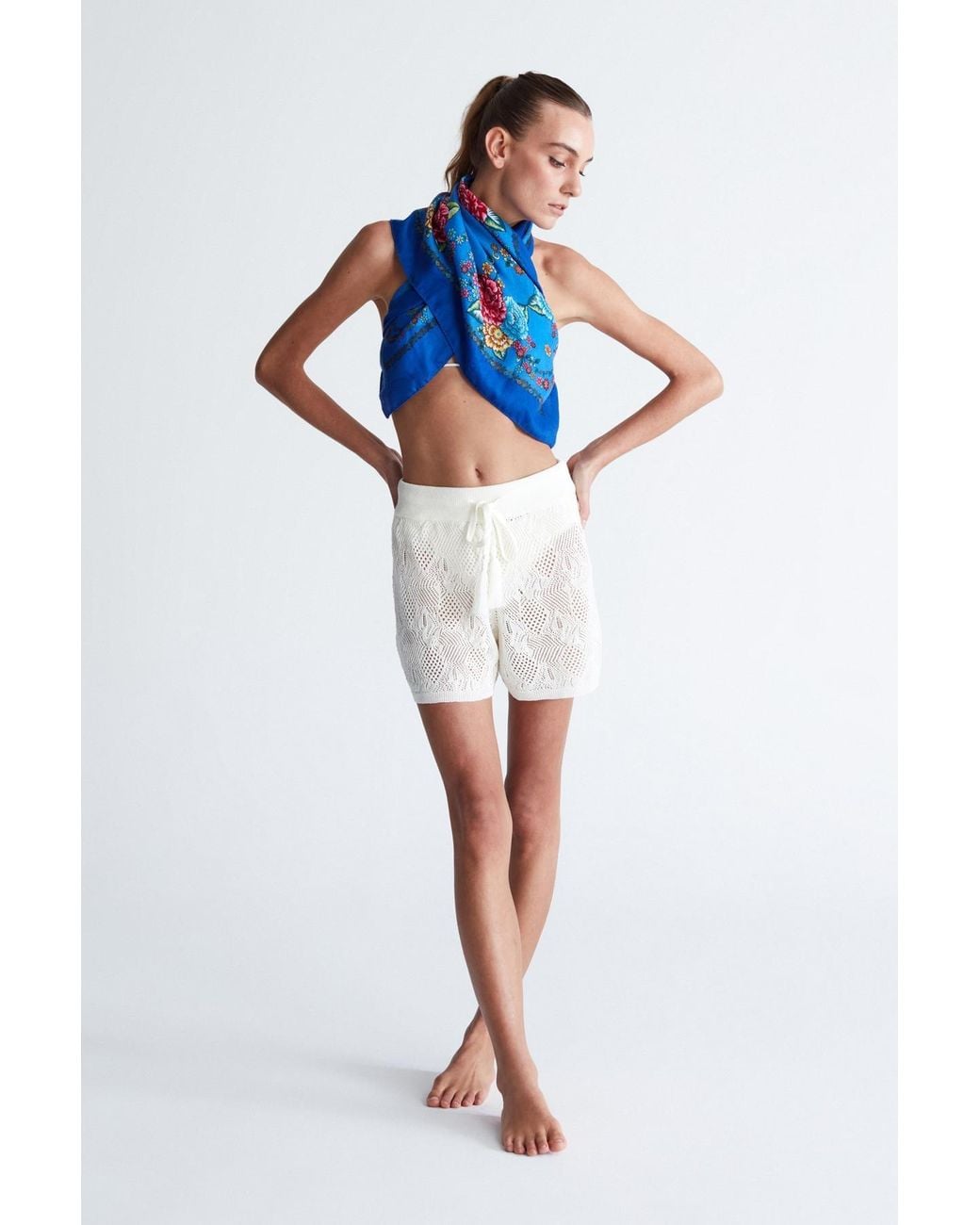 Peraluna White Emma Shorts Lace Knitted Elastic Waist Knitwear Mini Shorts